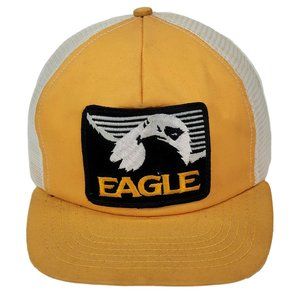 Vintage EAGLE Patch Snapback Trucker Hat Baseball Fishing Cap Yellow USA Made